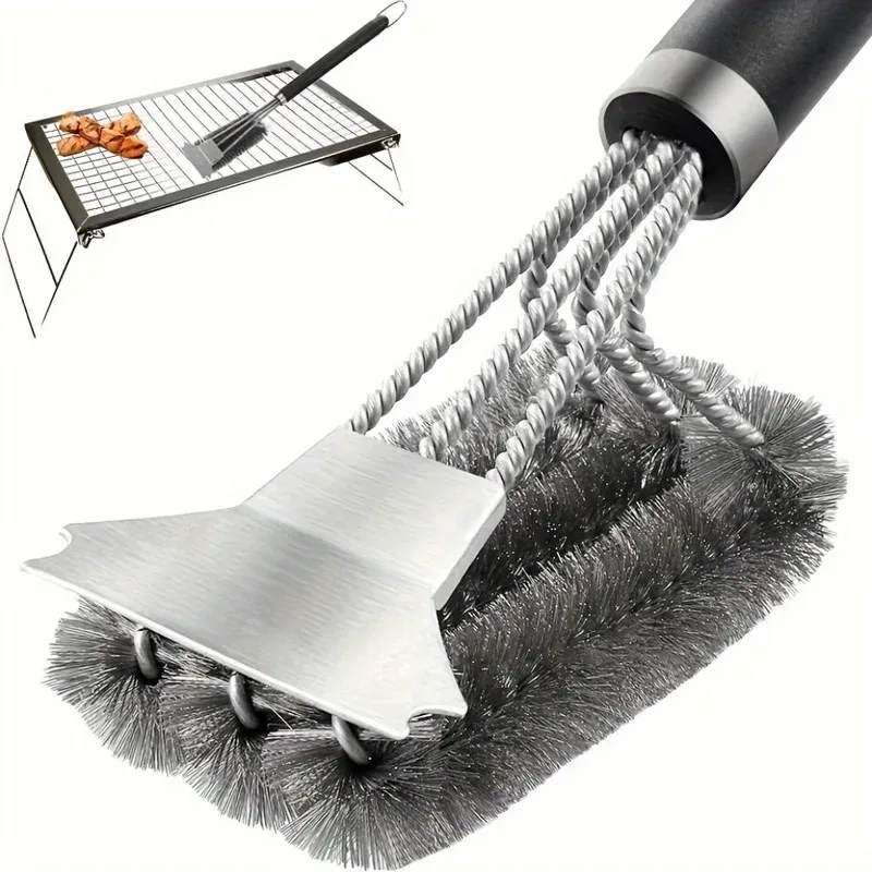 1 Stück Drahtborsten, Grillbürste und Schaber, dreifacher Schrubber, sichere, effiziente Grill-Reinigungsbürste für Outdoor-Grill-Essential-Tools Image