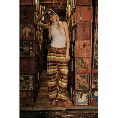 Buckle Back Plaid Trousers at Free People in Citron Combo, Size: US 10