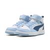 Sneaker PUMA "REBOUND V6 MID AC+ PS", Kinder, Gr. 28, puma weiß, schwarz indigo, haute tropic, Synthetik, mehrfarbig, sportlich, Schuhe