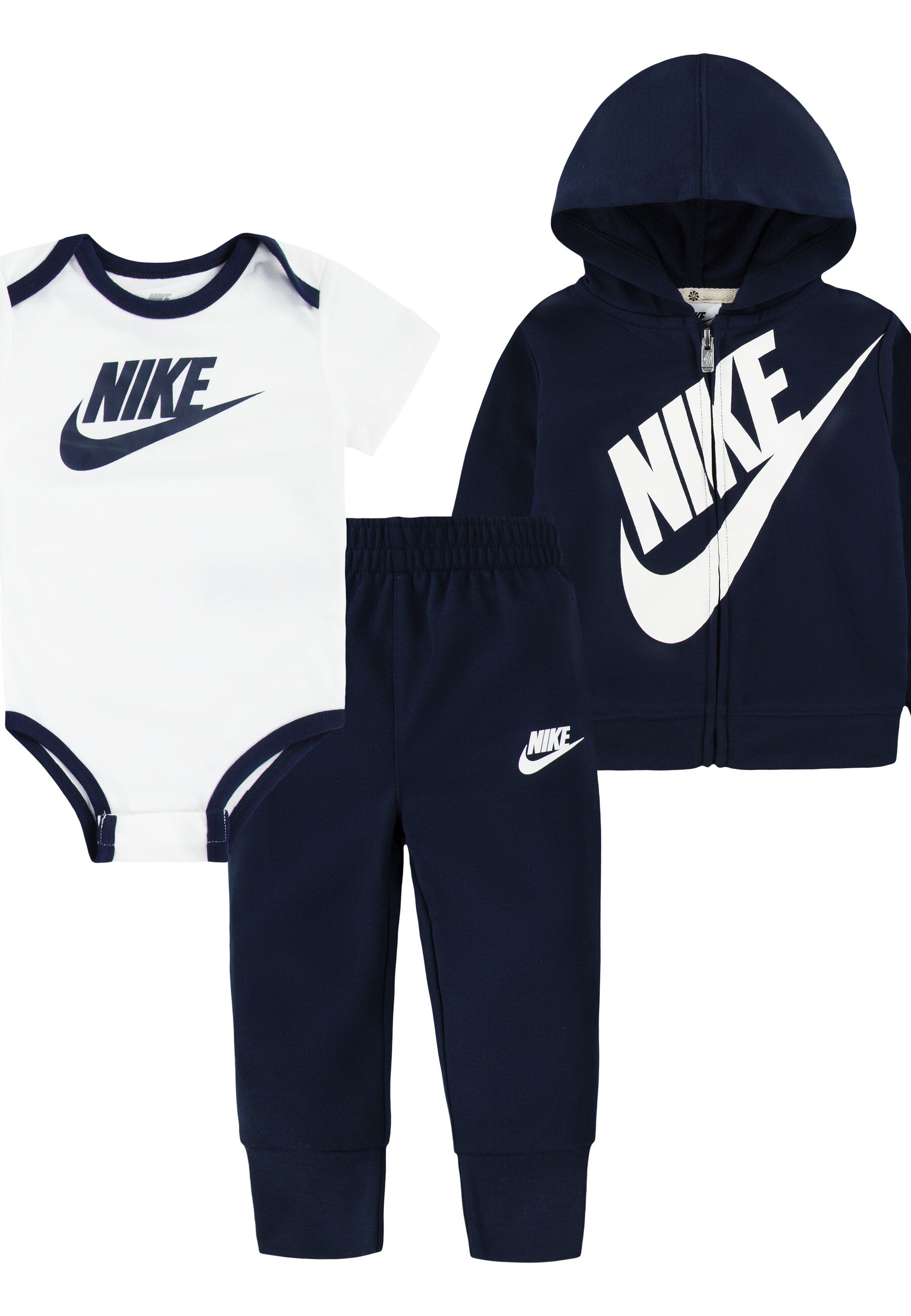 Erstausstattungspaket NIKE SPORTSWEAR "NKN SUSTAINABLE 3PC FZ SET", Kinder, Gr. 80 (12), weiß, Jersey, Obermaterial: 100% Polyester, unifarben, Sportlich, KOB Set-Artikel, für Babys Image