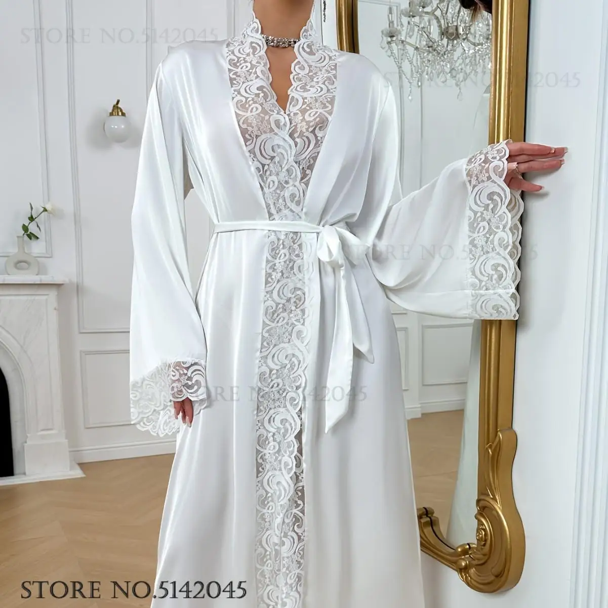 Weiß Eis Seide Braut Hochzeit Robe Sexy Spitze Nachthemd Dessous Negligé Frühling Sommer Lange Kimono Bademantel Kleid Lose Homewear Image