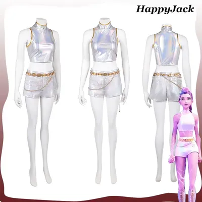 Rumi KPop Dämonen Cosplay Hunter Weiß Kostüm Frauen Mädchen Cartoon Fantasia Weste Shorts Kette Gürtel Outfits Halloween Karneval Image
