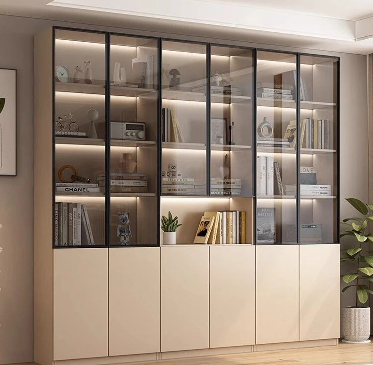 Massivholz-Wohnzimmer-Bücherregal, integrierte ganze Wand bis oben, Glastür, Schließfach, Haushalt, Licht, Luxus-Bücherregal, Vitrine c