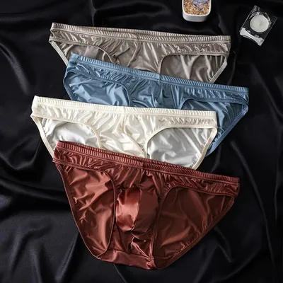 Männer Solide Satin-wie Eis Seide Stretch Kurze männer Dreieckige Höschen Ausbuchtung Beutel Glatte Atmungsaktive Unterwäsche Unterhose männer Image