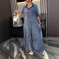 Abito in denim Abiti lunghi da donna Abiti con stampa di lettere Abiti monopetto con colletto rovesciato Abito lungo invecchiato Estate A Line