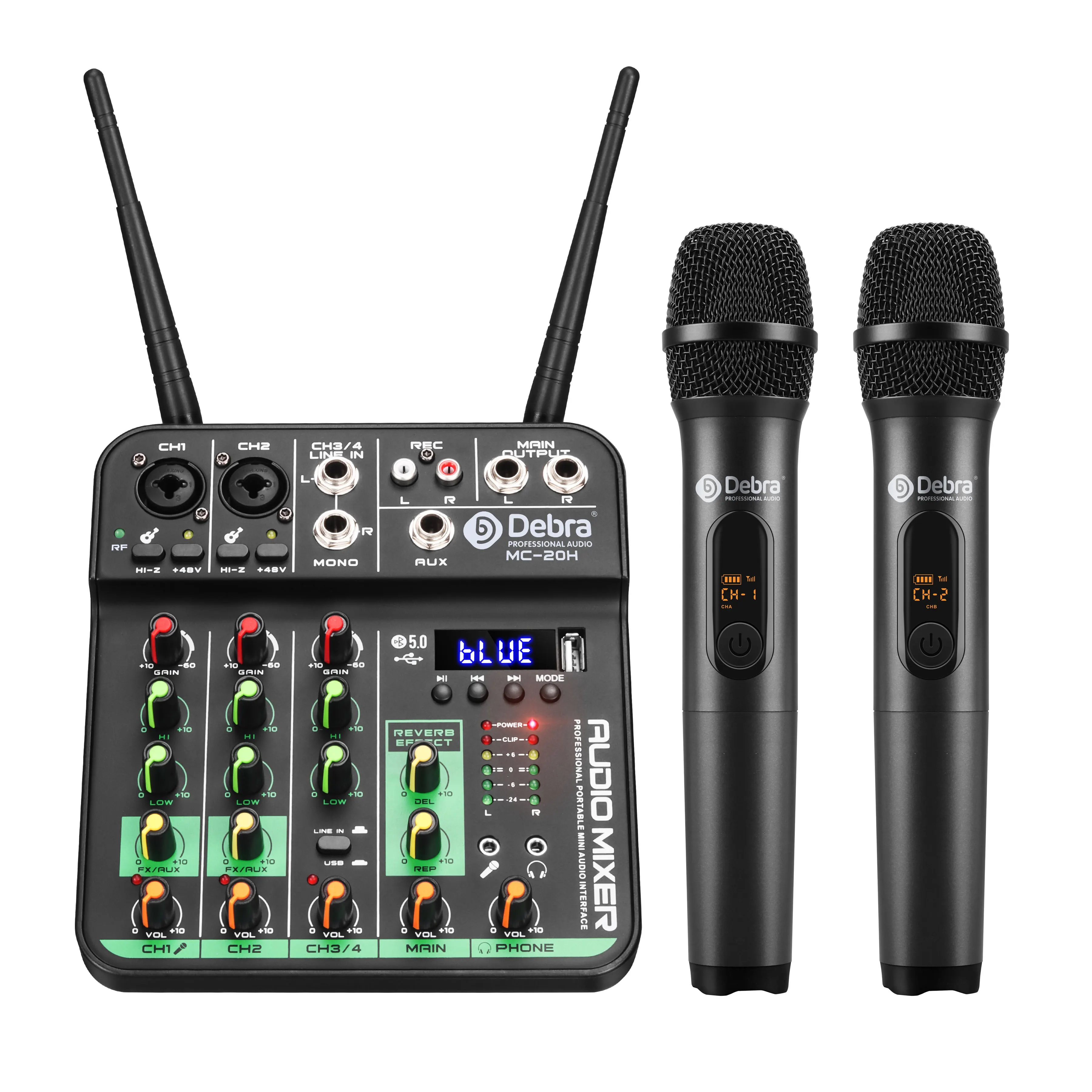 Professionelles drahtloses Debra-UHF-Mikrofonsystem – 4-Kanal-Mixer mit USB-Soundkarte, Verzögerung/Repeat FX und PC-Aufzeichnung für Live-Auftritte/ Image