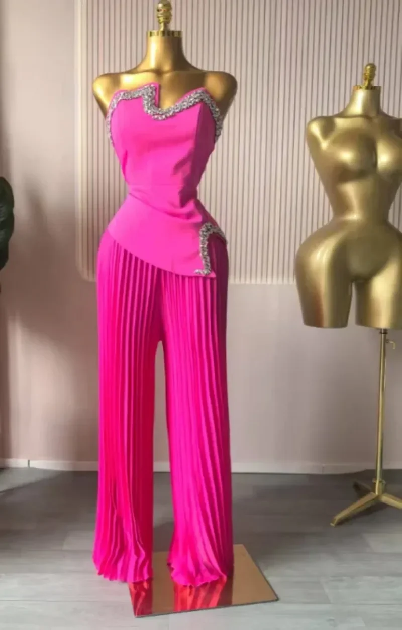 Damen-Set mit Diamanten, heißem Strass-Crop-Top und plissiertem Hosenanzug mit weitem Bein, 2025, zwei 2-teilige Sets, Outfits, Trainingsanzug Image