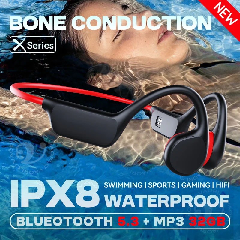 IPX8 Wasserdichte Knochen Leitung Drahtlose Kopfhörer Bluetooth 5,3 + 32GB RAM MP3 Player HIFI Musik Sport Schwimmen Headset mit Mikrofon Image