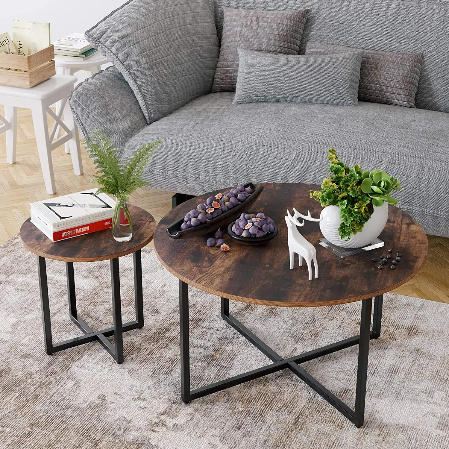 2-teiliges Set Couchtisch, Vintage-Beistelltisch, Holz- und Metallbeine für Mitteltisch, Wohnzimmer, 80 cm, 42 cm