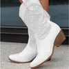 Plus Größe 43, hochwertige Blockabsätze, mittelhohe weiße Cowboystiefel, Damen, Vintage, Country-Konzert, Westernstiefel, Schuhe