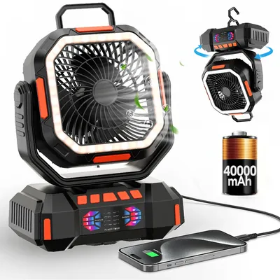 40000mAh Battery Camping Fan with LED Lantern&Hook 4 Speeds Desk Fan Portable Outdoor Fan for Tent Power Outages Jobsite Fishing