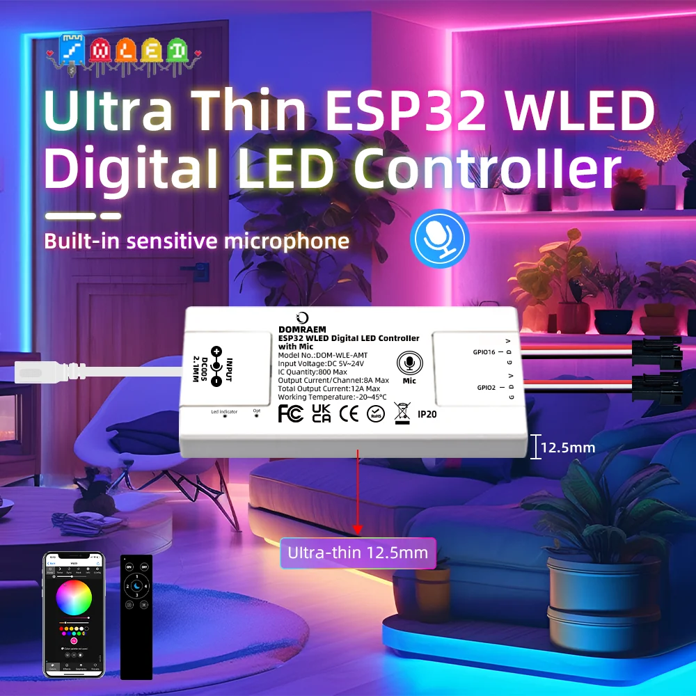 DOMRAEM ESP32 Ultra-Dünner Musik-WLED-Controller Adressierbarer 2-Kanal WS2811/2812/2812B/2813/2814/2815/2805/SK6812/APA102 RGB IC Streifen-Controller Image