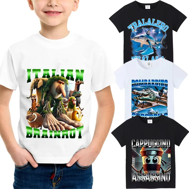 2025 100 % reine Baumwolle Kinder T-Shirt Lustiges Meme Tralalero Tralalas Tung Sahur Kurzarm Bombardiro Crocodilo Cappuccino Tops Image