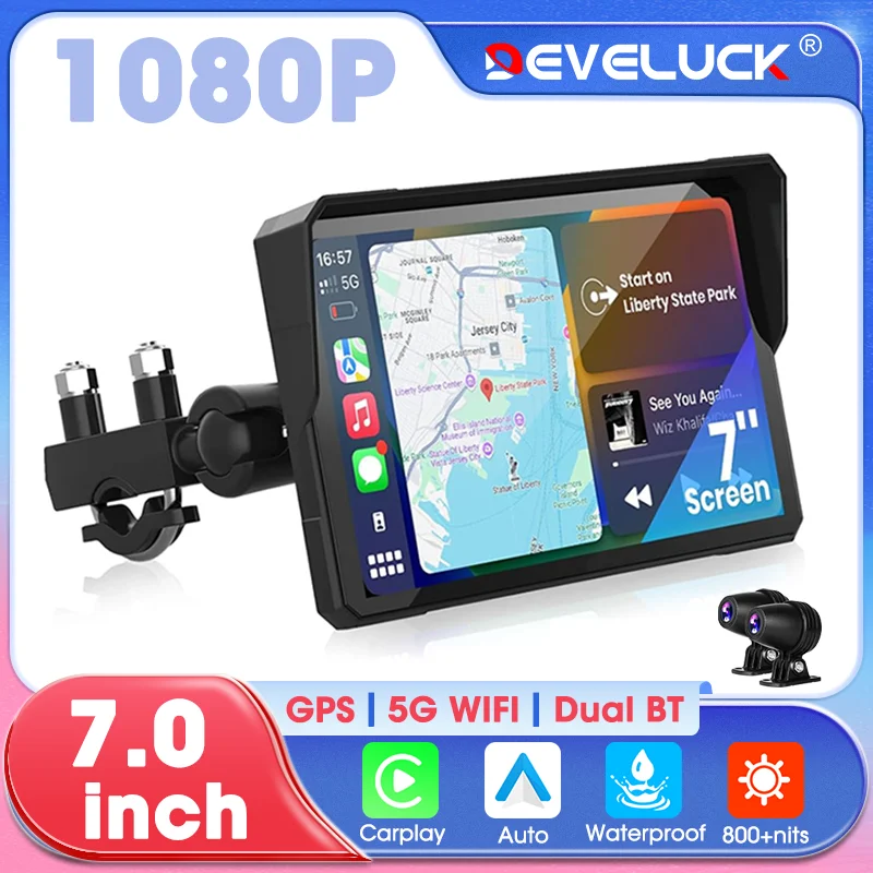 5 7 Zoll tragbares Motorrad Carplay Android Auto LCD Display IPX7 wasserdicht 5G WIFI BT 800+ Nits Monitor Motorradzubehör Image