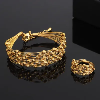 Noble Dubai Gold Color Jewelry Set For Women Luxury Multi Layer Bangle And Multi Bead Ring For Easter Gifts Wedding Arabic Party