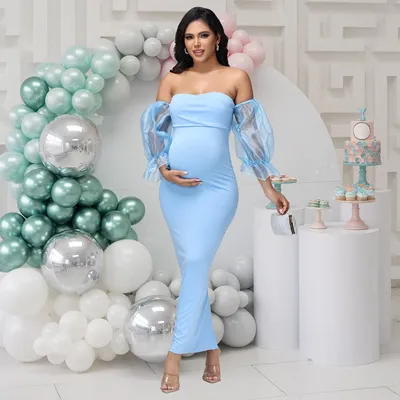 Maternity Summer Lantern Sleeves Photography Dress Off Shoulder Slim Fit Elegant Gown for Baby Shower Photoshoot