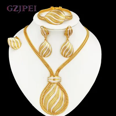 GZJPEI Two Tone Jewelry Set Gold Plated Big Pendant Necklace Bracelet Water Drop Earring Ring For Women Wedding Gifts 2025 New