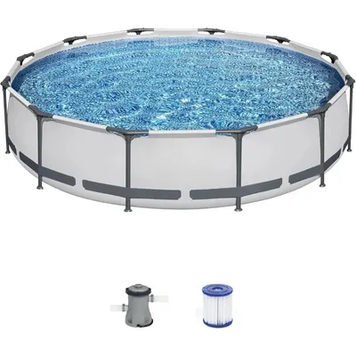Steel Pro MAX 12 Foot x 30 Inch Round Metal Frame Above Ground Outdoor Backyard Swimming Pool Set with 330 GPH Filter Pump