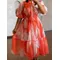 Retro geometric printed short-sleeved loose dress with stand collar 2025 summer new lace-up waist swing A-shaped long skirt