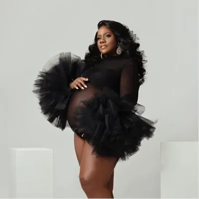 Maternity Photography Props Bodysuit Puffy Ruffled Sleeve Photography Bodysuit Black See Thru Tulle Dress For Pregnant Women