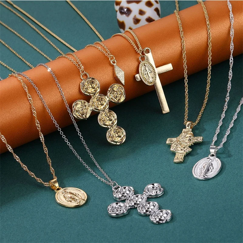 FNIO 2019 Gold Color Chain Cross Necklace for Women Moon Pendant Necklace Religious Retro Charm Necklace Necklace Jewelry