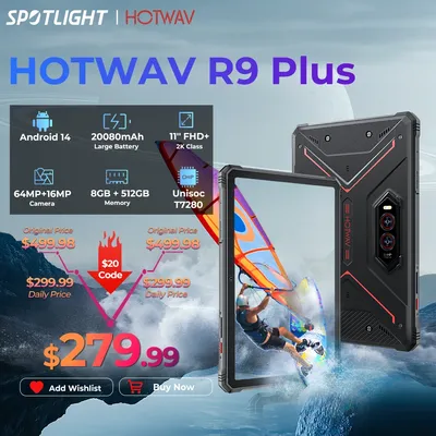 New HOTWAV R9 Plus Rugged Tablet Android14 11" FHD 2K+20080Mah Battery 20W Charge tablets 16MP+64MP Camera 8+512GB Camping light
