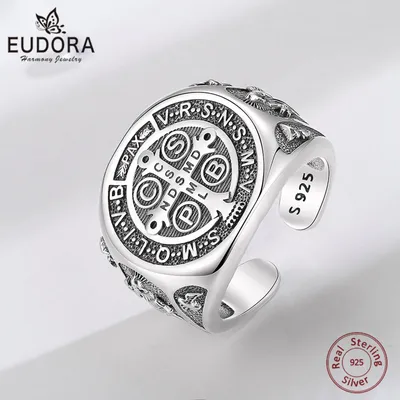 Eudora 925 Sterling Silver Saint Benedict Medal Adjustable Ring Vintage San Benedict Cross Amulet Ring Religious Jewelry Man gif