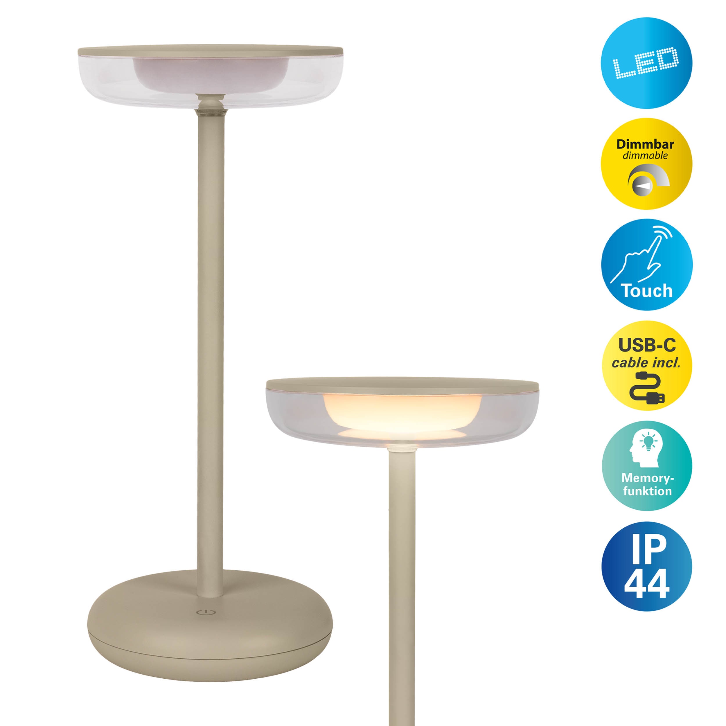 NÄVE LED Tischleuchte "Pasi", beige (natur), 1, Ø 11cm H: 26,4cm, 1 Stk., Leuchten, dimmbar per Berührungssensor, Memoryfunktion, Akku, USB-C-Ladekabel Image