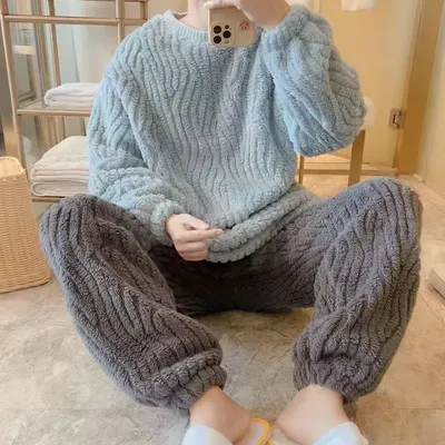 Verdickter warmer Flanell-Herren-Pyjama mit Rundhalsausschnitt, Herbst und Winter, jung, große Größe, Homewear, solide gestreifte Nachtwäsche, Loungewear Image