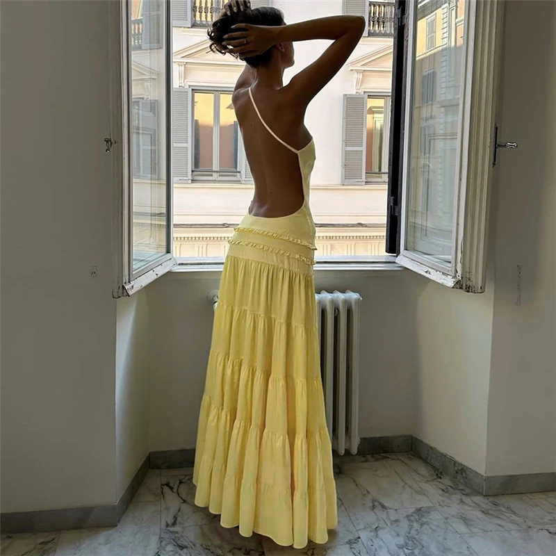 Sexy Suspender Sleeveless Backless Evening Dress Leisure Ruffles Spliced Long Dress Summer Leisure Vacation Solid Party Dresses