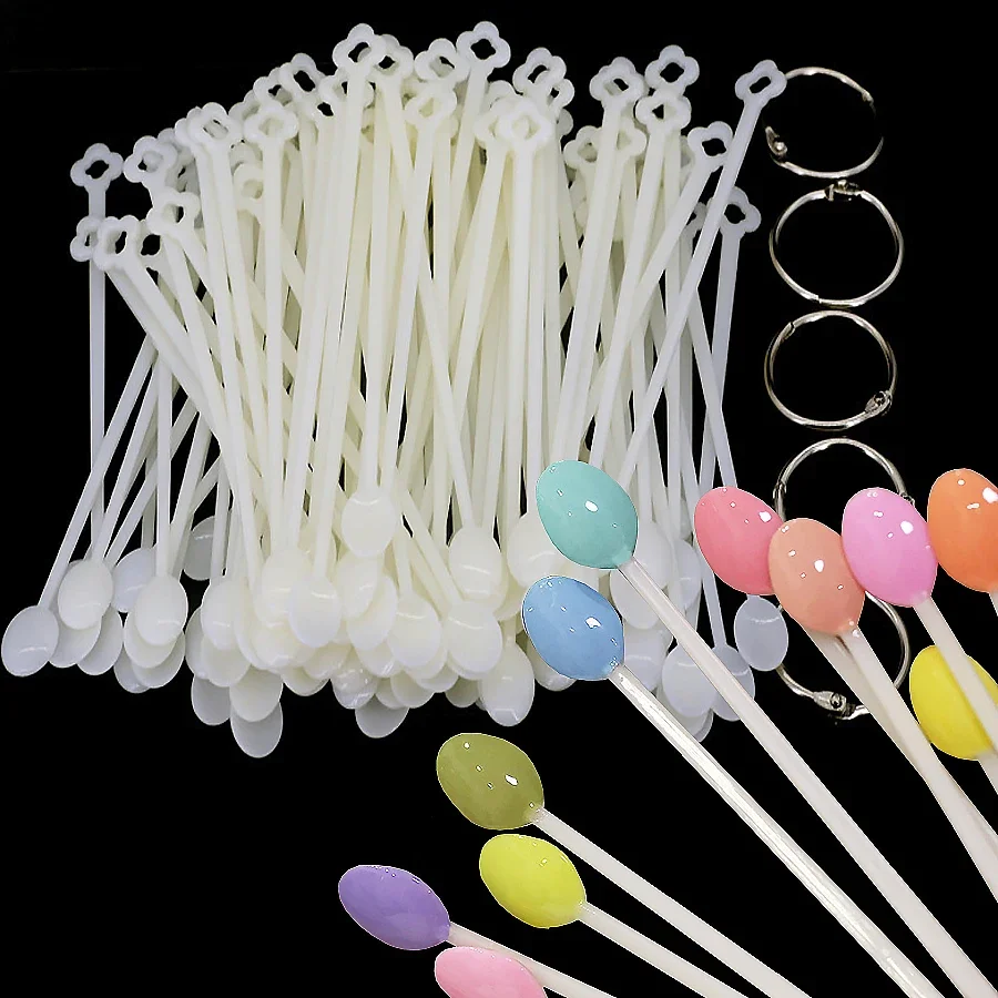 100 Stück Nail Art Löffel Farbkarte Display Palette Gelpoliermittel Farbproben mit Vitrine Sticks und Metallring für Schönheitssalons Image