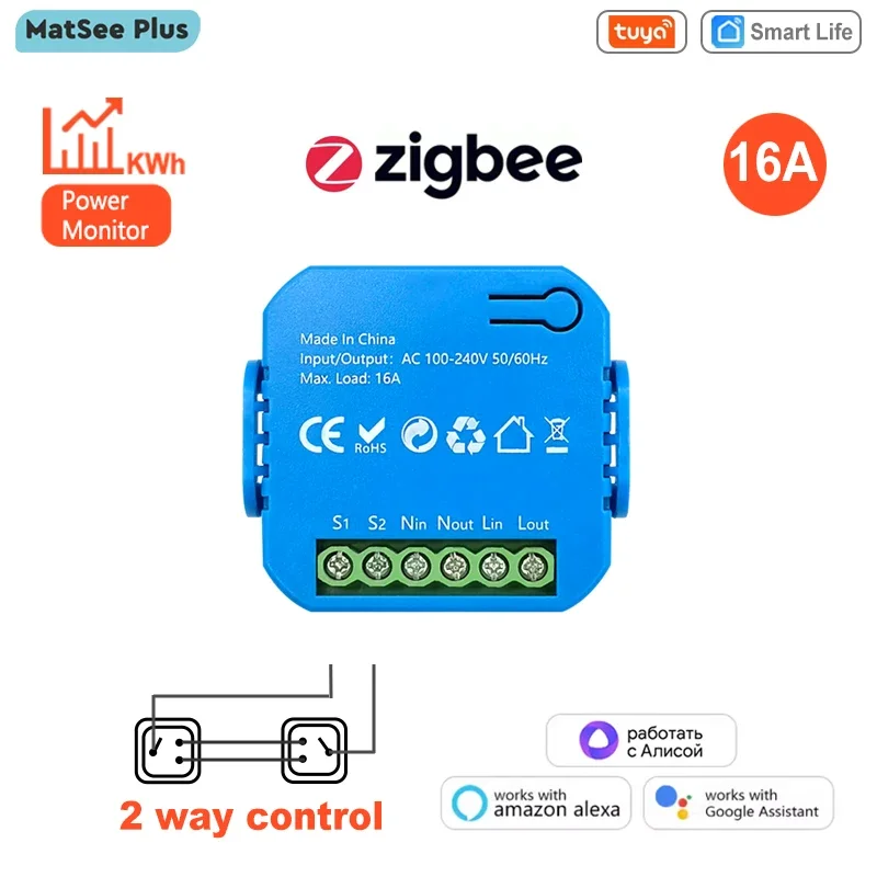 Tuya Smart Life ZigBee-Schaltmodul unterstützt 2-Wege-Lichtsteuerung, Timing, 16 A KWh, Energiemonitor, funktioniert mit Google Home Alexa Image