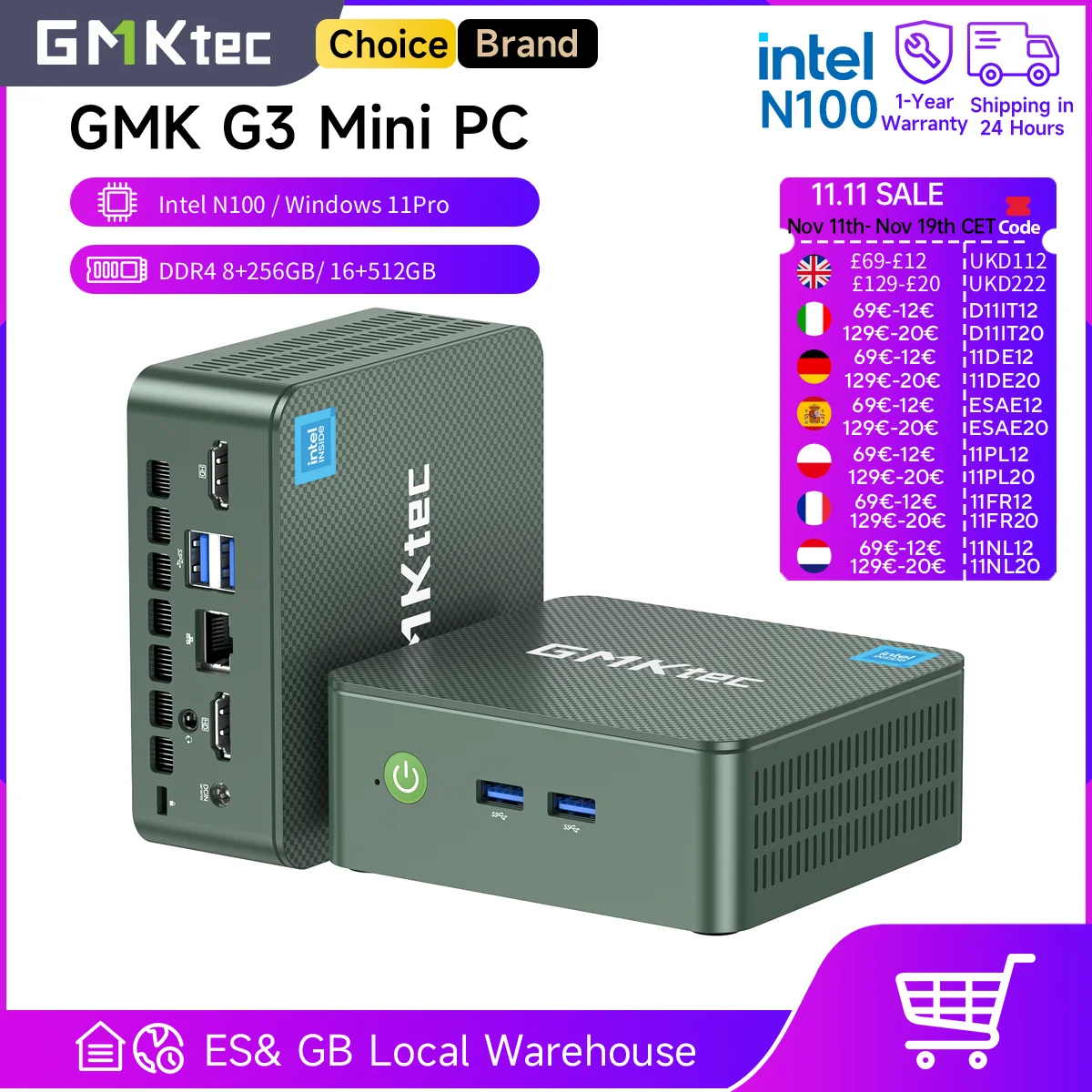 GMKtec-Mini PC G3 Intel Alder Lake N100, ordinateur de bureau Windows 11 Pro, 8 Go, 16 Go de RAM, 256 Go, 512 Go, PCIe M.2 SSD, WiFi 6 BT Stimule Mini PC
