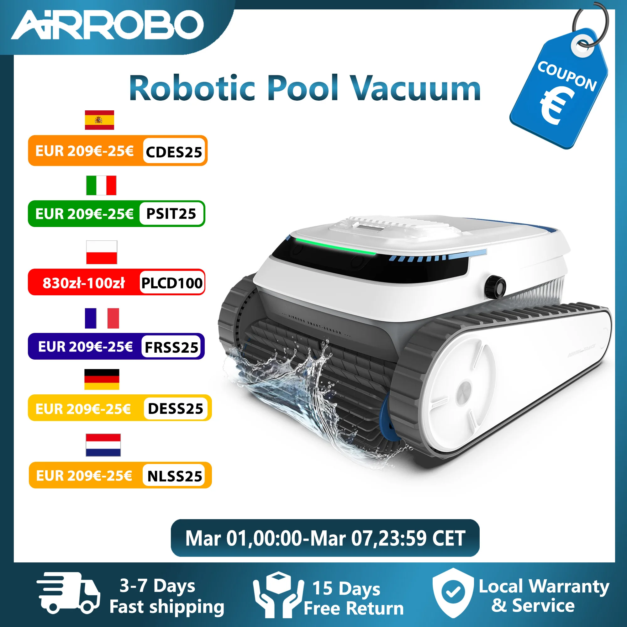 AIRROBO PC10 Intelligenter Poolreinigungsroboter - 120 Min. Laufzeit, Wandkletterfähig, Reinigt Böden/Wände/Wasserlinie für Einbau- und Aufstellpools Image
