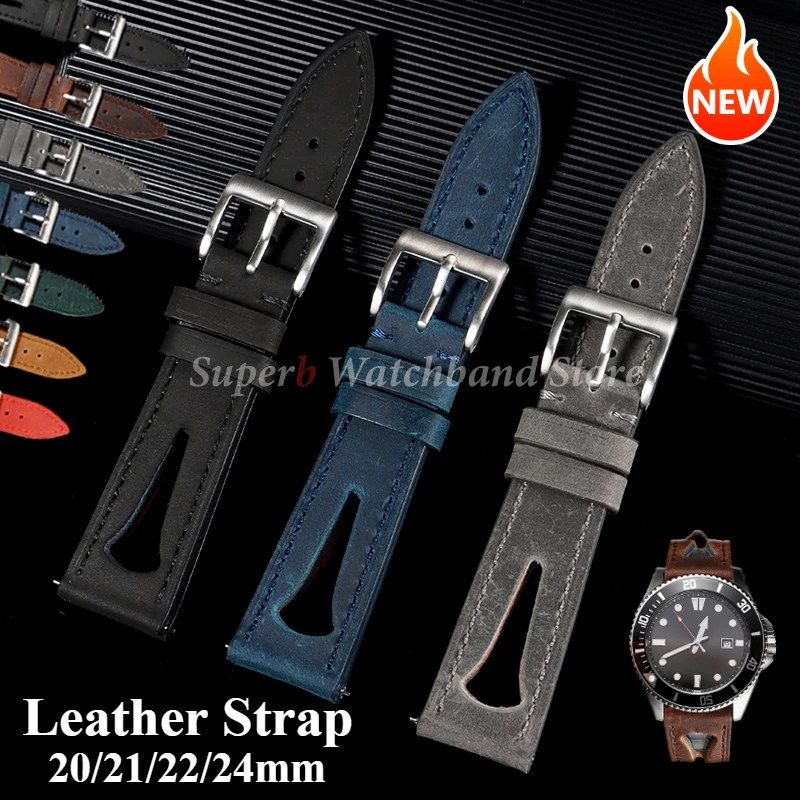 Neues Design Vintage Echtleder Uhrenarmband 20/21/22/24mm Atmungsaktives Schnellverschlussarmband für Omega Herren Damen Uhrenarmband Image
