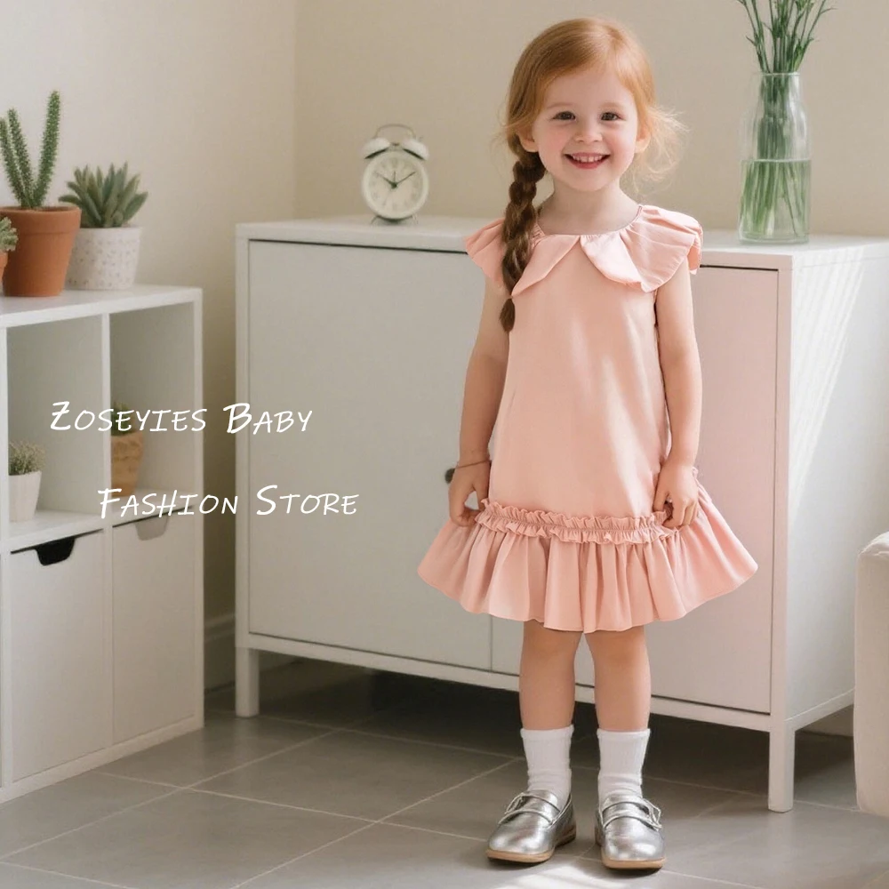 Mädchen Kleid Sommer Einfarbig Revers Baumwolle Ärmelloses Baby Mädchen Kleid Nette Spitze Mädchen Strand Kleid Mit Tasche Baby Mädchen kleidung Image