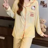 Hello Kitty Sanrio Cartoon Pyjama Set Gelb Rosa Kariertes Mädchen Süßes Top Shirt Damen Cosplay Kostüm Loungewear Button Up Hose