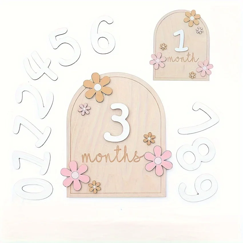 Monatliche Meilensteinkarten für Babys, monatliche Meilensteinscheiben aus Holz, Neugeborenen-Fotografie-Requisiten, Ankündigungsschild für Baby-Wachstumsdokumente Image