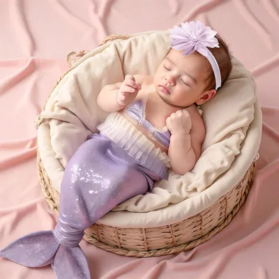 Ylsteed Newborn Photography Props Costume Lavender Mermaid Tail Outfit with Headband Baby 1 Month 100 Days Photo Shooting Props