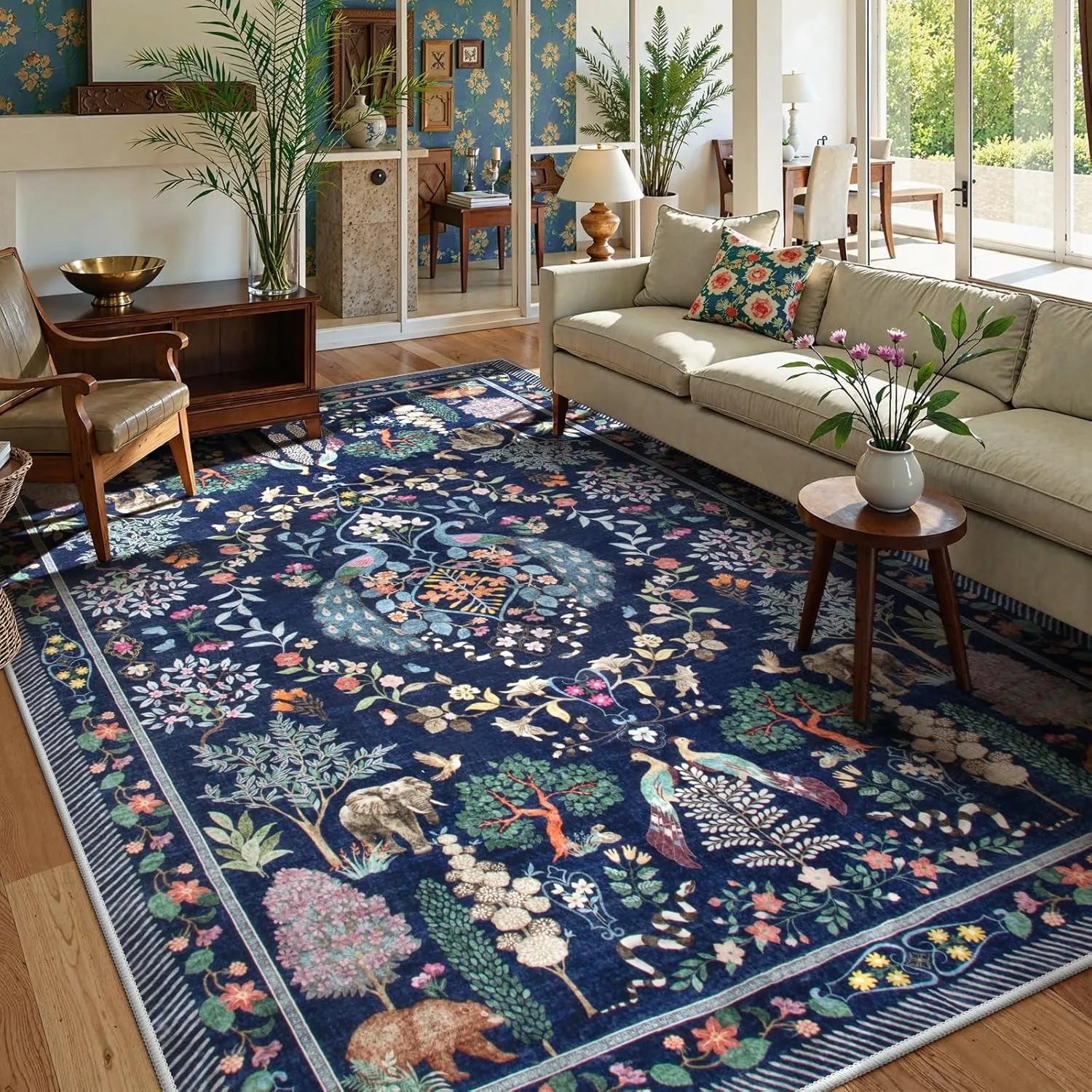 Wohnzimmerteppich, stilvoll, Retro-Blumenmuster, großflächig, für Schlafzimmer, Nachttisch, weiche Bodenmatte, Freizeitbereich, Couchtischteppich, • Tapis Estat Image