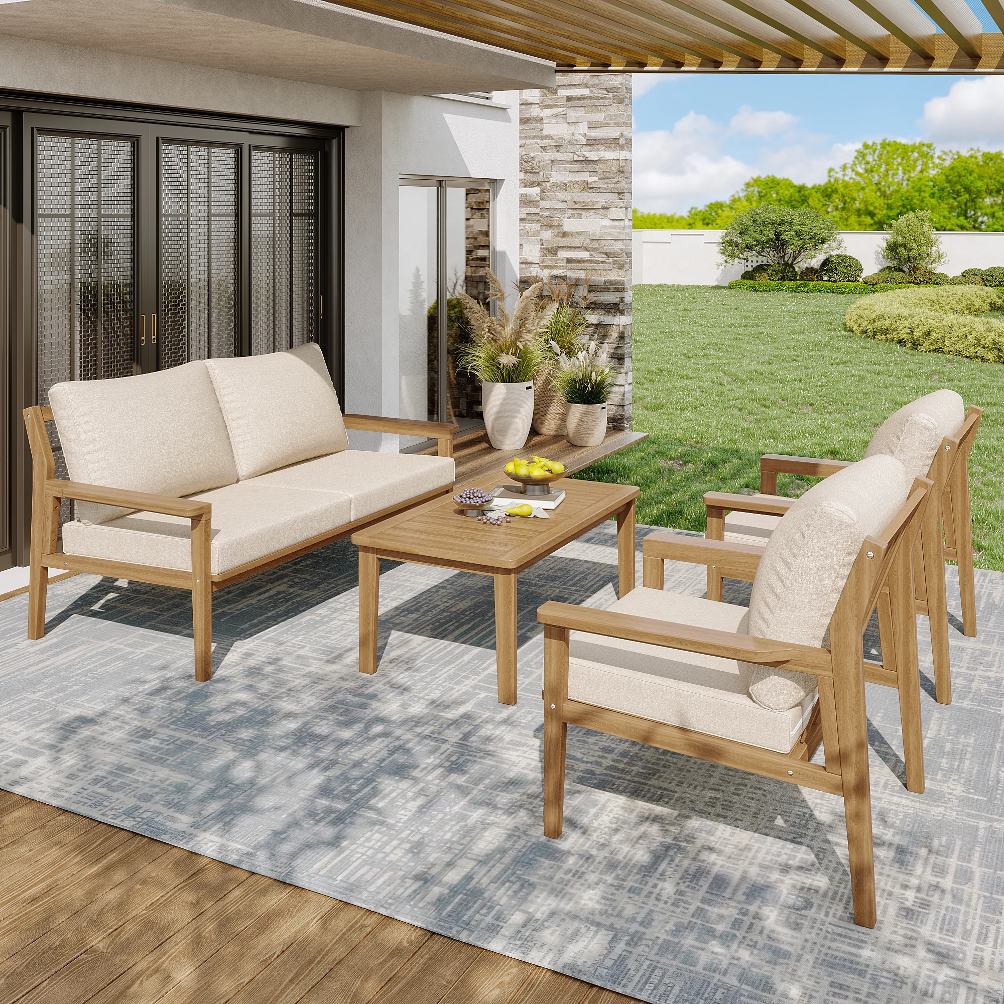 Set di divani Lounge da esterno da 5 pezzi per 4-5 persone, mobili da giardino resistenti alle intemperie con cuscini, 2 sedie, 1 divanetto, 1 tavolo