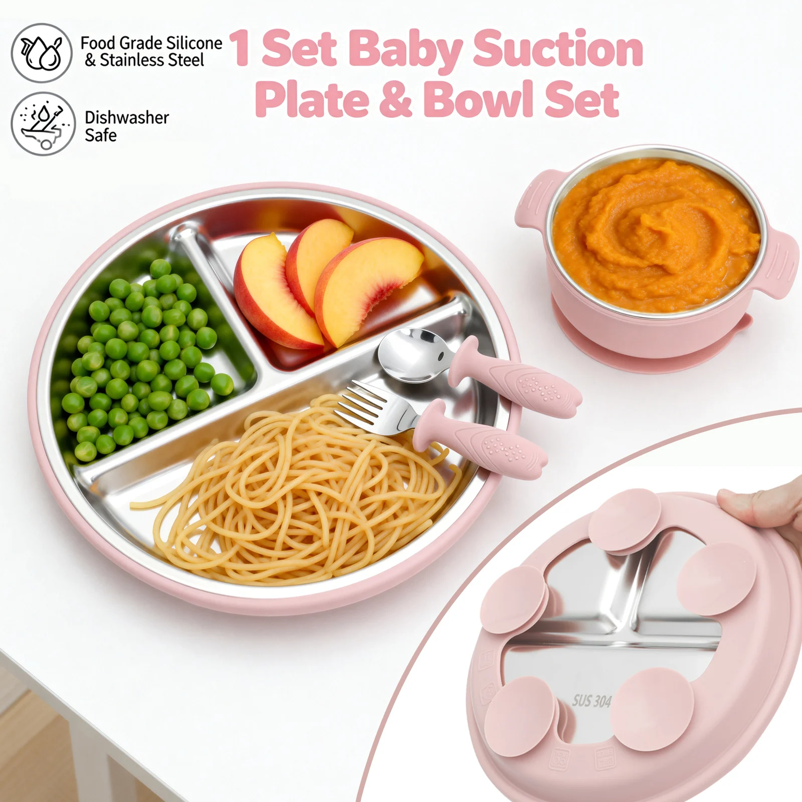 4-teiliges Baby-Fütter-Set mit Saugnapf-Teller, Schüssel, Gabel und Löffel - Edelstahl Baby-Fütter-Set für Selbstständiges Essen Image