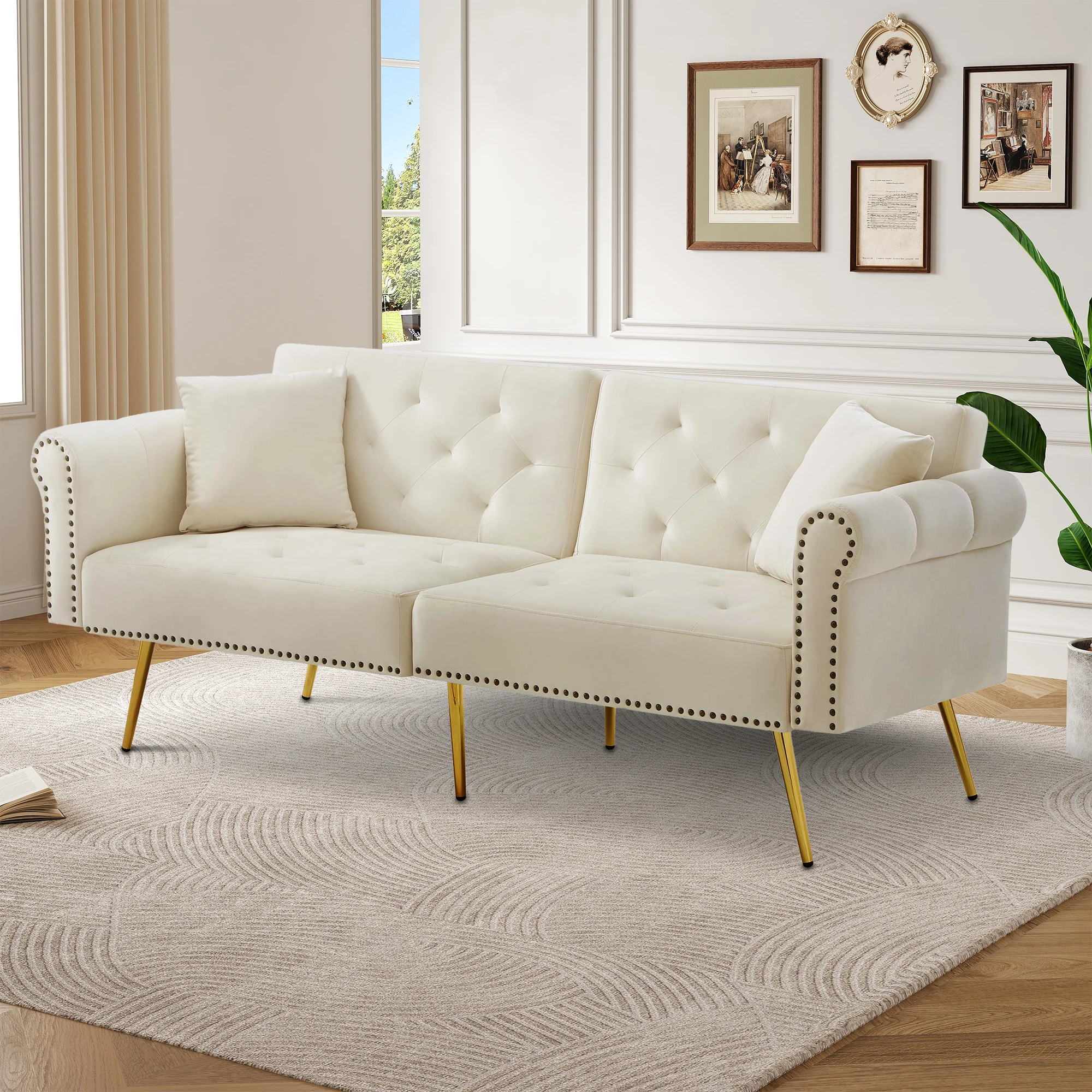 Modernes 2-Sitzer-Schlafsofa MIT Velvetbezug, 3-Tier-Back, vergoldete Metallfüße und Schlaffunktion