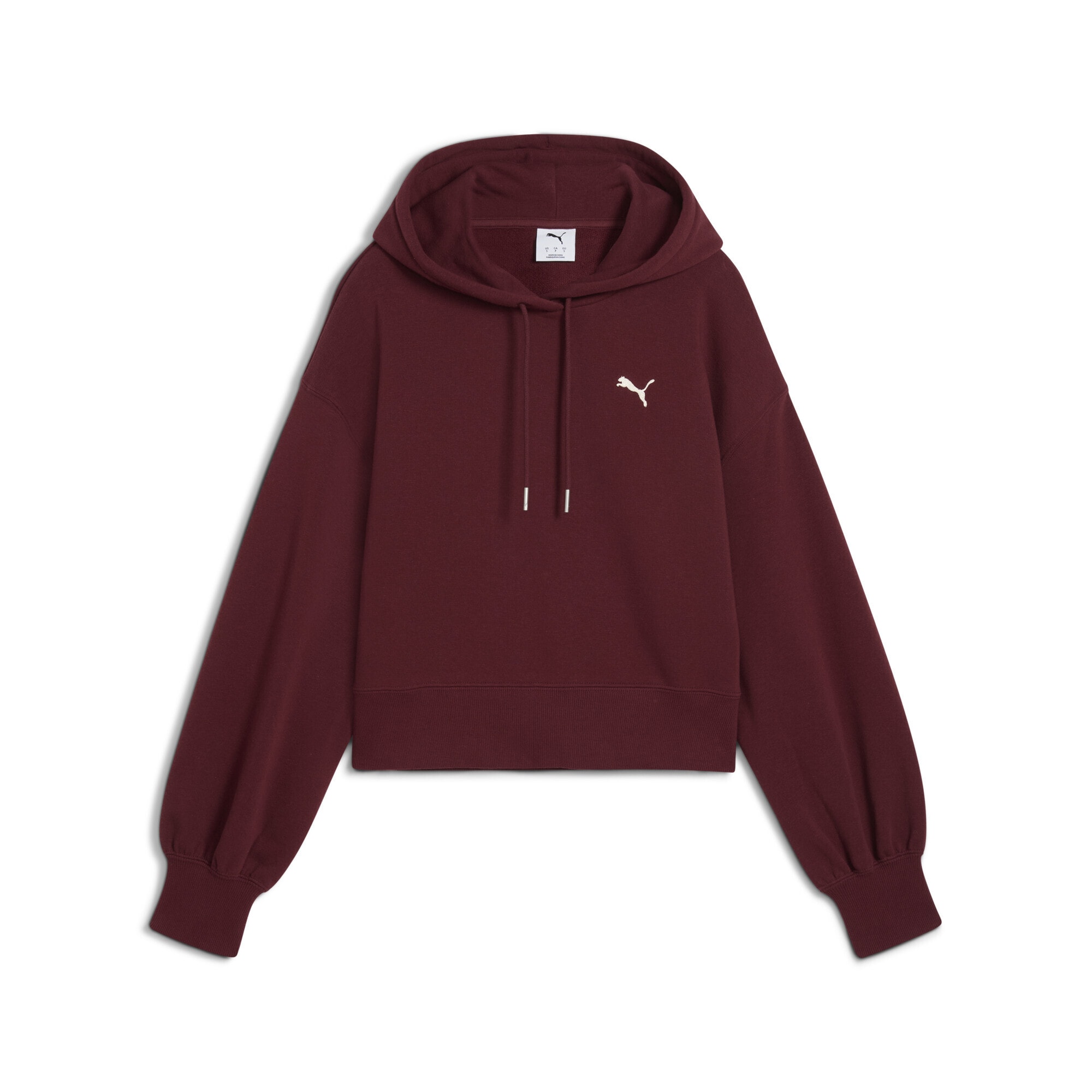 Hoodie PUMA "WARDROBE ESS Kurzer Relaxed Fit Hoodie Damen", Damen, Gr. L, rot (ruby shimmer rot), Obermaterial: 32% Polyester, 68% Baumwolle; Rippe: 4% Elasthan, 96% Baumwolle, relaxed fit, Sweatshirts Hoodie