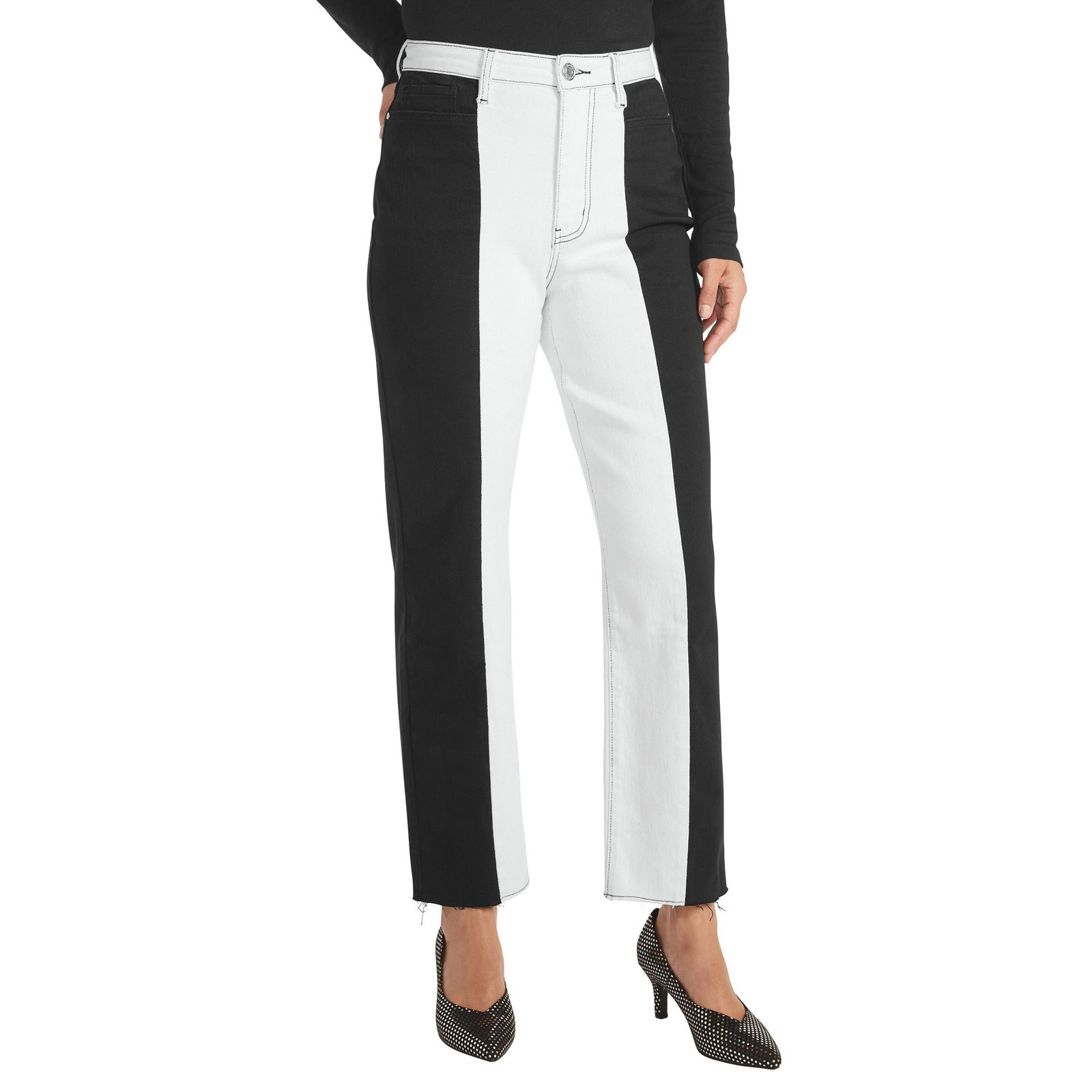 Masseys High-Rise Straight-Leg Two-Tone Jean (Size 30W) Black/White, Cotton,Elastine