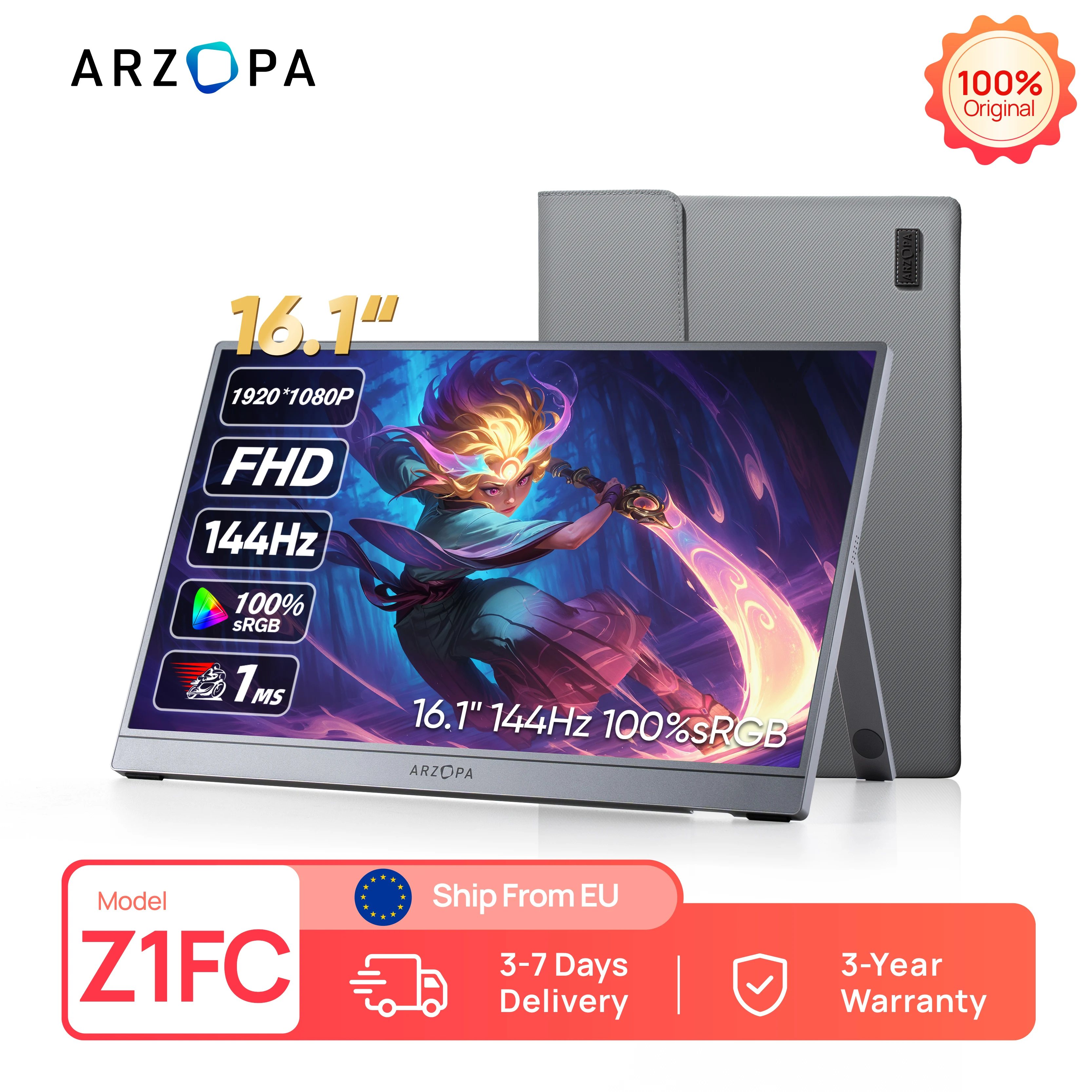 ARZOPA Moniteur portable Z1FC de 16,1 pouces avec sac de rangement, 144 Hz, 100% sRGB, 1080P FHD, deuxième écran externe, écran IPS