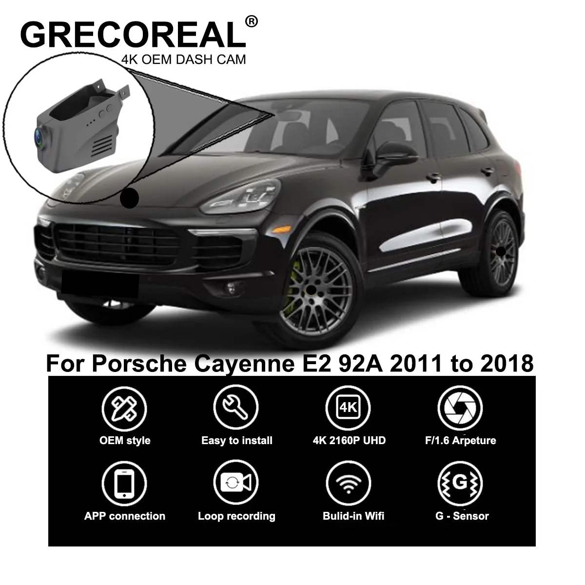 GRECOREAL 4K Dash Cam Vorne Hinten WiFi Auto Dual Dashcam APP Steuerung Einfache Installation Plug Play Kompatibel mit Porsche Cayenne E2 92A Image