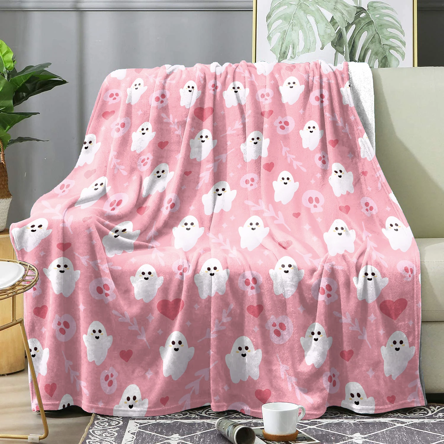 Halloween-Decke für Couch bett Halloween Herbst Thanksgiving-Geschenk decke Kürbis und Ghost Elf Print rosa Sofa decken Image