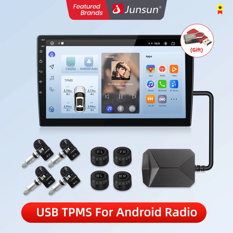 Junsun usb reifendruck überwachung alarmsystem tpms mit 4 internen sensoren für auto dvd player navigation autozubehör Image