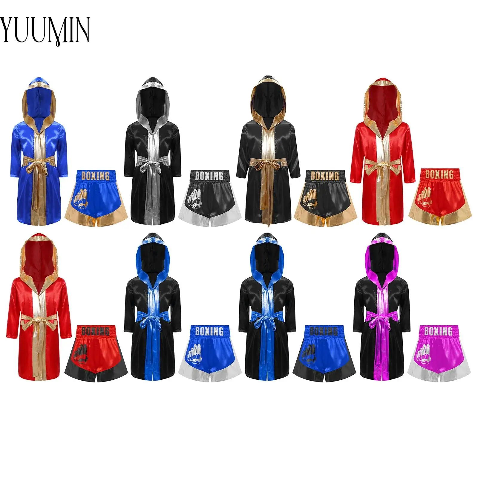Kinder Boxen Robe Outfits Cosplay Kostüm Metallic Trim Satin Gürtel Robe Kickboxen Kapuzenumhang mit Shorts für Halloween Party Image